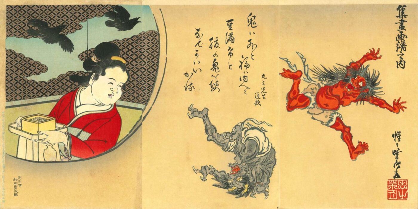 Estampe japonaise qui représente une femme qui lance des haricots de soja sur deux démons