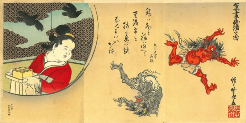 Estampe japonaise qui représente une femme qui lance des haricots de soja sur deux démons